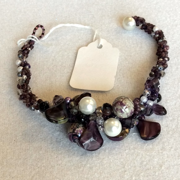 FINAL SALE PRICE Embellished Purple, Brown & Wht. Crochet Bracelet - Picture 1 of 5